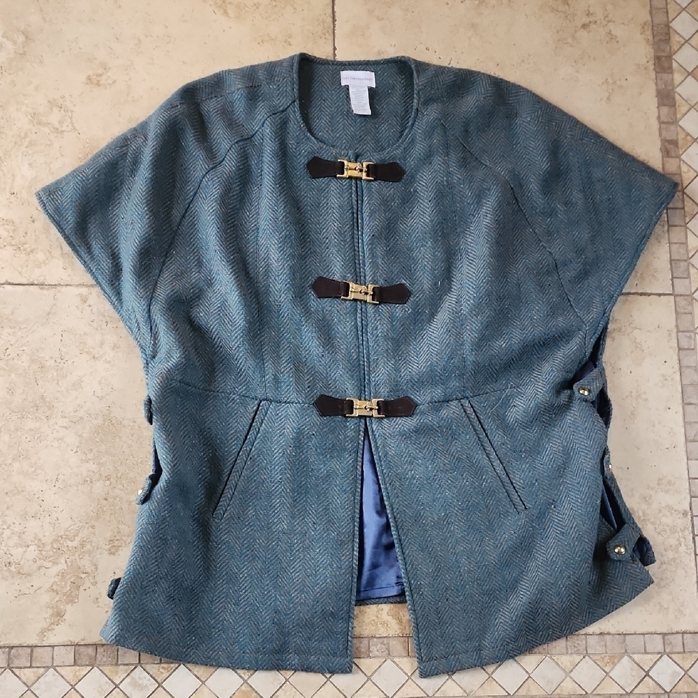 Soft Surroundings Blue and Tan Herringbone Cape